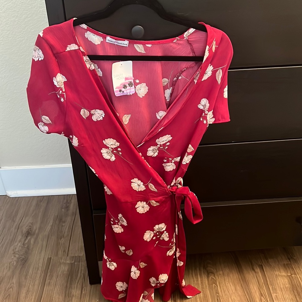 Red wrap floral dress